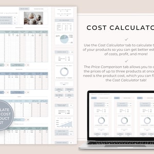 May include: A printable worksheet with two tabs: Cost Calculator and Price Comparison. The Cost Calculator tab helps you calculate the cost of your products, while the Price Comparison tab allows you to compare the prices of up to three products at once.