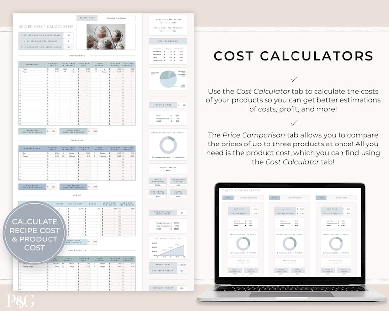 May include: A printable worksheet with two tabs: Cost Calculator and Price Comparison. The Cost Calculator tab helps you calculate the cost of your products, while the Price Comparison tab allows you to compare the prices of up to three products at once.
