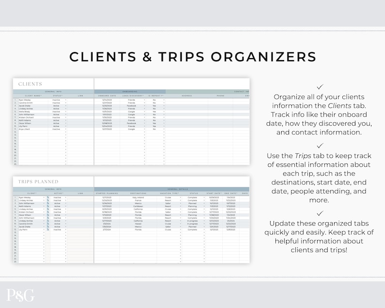 May include: A printable planner with two tabs labeled "Clients" and "Trips Planned". The planner is designed to help organize client information and trip planning. The planner has a light blue background with gray text and lines.
