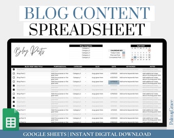 Blog Planner Google Sheets, Blog Spreadsheet, Digital Blog Content Planner and Calendar, Blog Post Idea Organizer and Planner, Blog Schedule