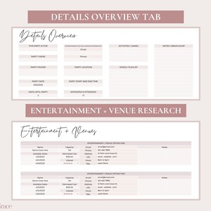May include: A printable party planning checklist with sections for details overview, entertainment, and venue research. The checklist includes fields for party theme, date, location, activities, and notes.