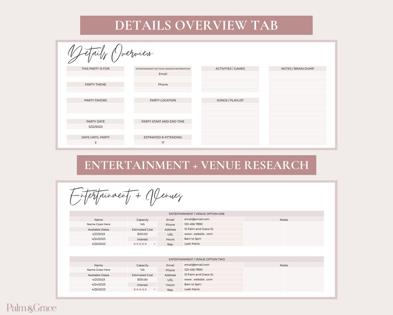 May include: A printable party planning checklist with sections for details overview, entertainment, and venue research. The checklist includes fields for party theme, date, location, activities, and notes.