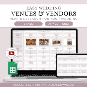 May include: A laptop and tablet display a wedding planning template. The laptop screen shows a spreadsheet with venue details, while the tablet displays vendor research. Text includes "Easy Wedding Venues & Vendors" and "Plan & Research for Your Wedding."