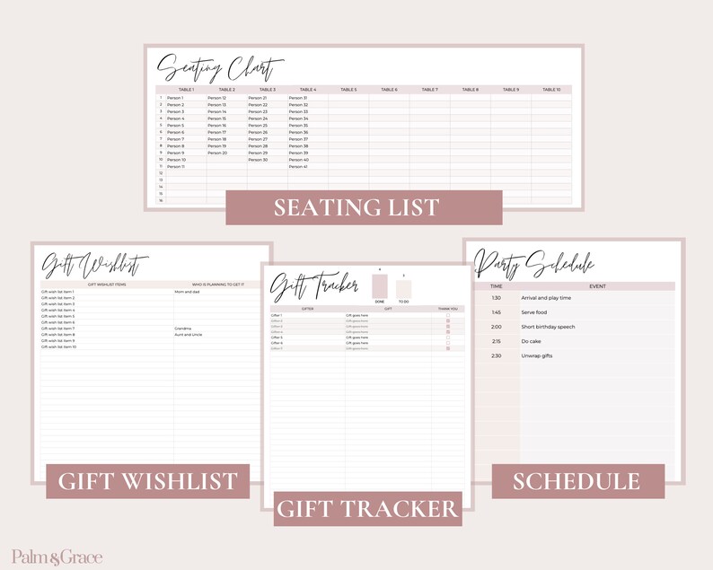 May include: Printable party planning checklist with sections for seating chart, gift wishlist, gift tracker, and party schedule. The checklist has a pink and white color scheme.