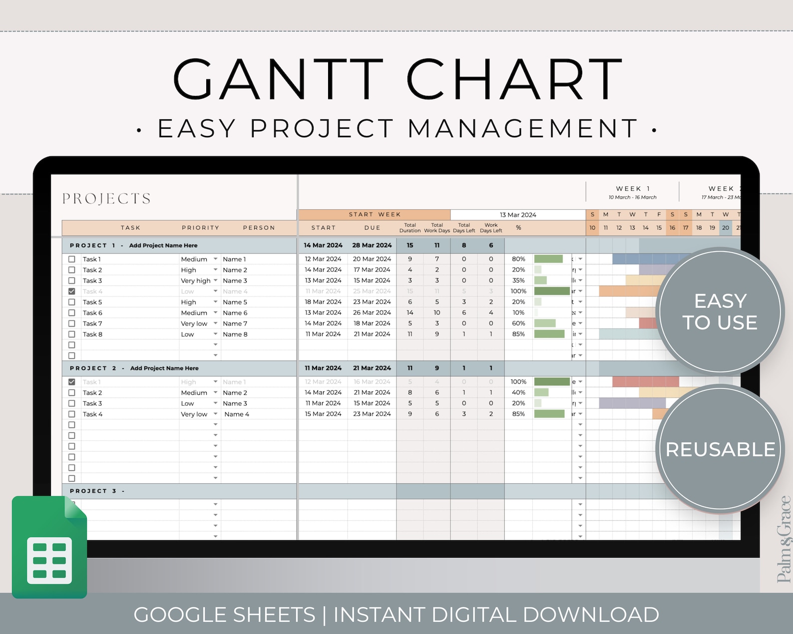 Gantt Chart Google Sheets Template, Automated Project Timeline, Project