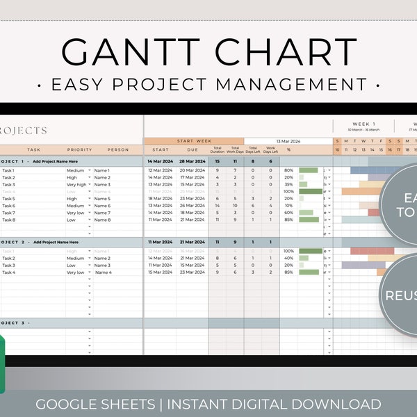 Gantt-Diagramm Google Sheets-Vorlage, automatisierte Projekt-Timeline, Projektmanagement-Arbeitstabelle, Business Aufgaben-Tracker-Arbeitsblatt-Vorlage