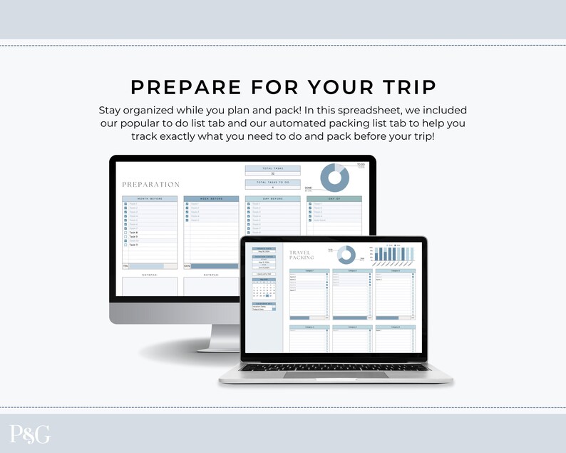 May include: A computer screen displaying a spreadsheet with two tabs labelled "Preparation" and "Travel Packing". The spreadsheet is designed to help users plan and pack for a trip. The spreadsheet includes sections for to-do lists, packing lists, and budget tracking.