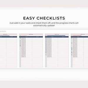 May include: Four printable checklists with a light pink and blue colour scheme. Each checklist has a section for tasks, notes, and a progress bar. The text "EASY CHECKLISTS" is at the top of the image. The text "Just add in your tasks and check them off, and the progress charts will automatically update!" is below the title. The text "CHECKLISTS" is at the top left of the image.