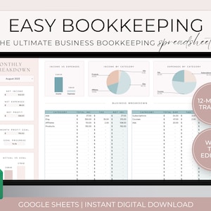 Small Business Bookkeeping Spreadsheet, Bookkeeping Template, Small Business Income Tracker Google Sheets, Business Income Expense Tracker