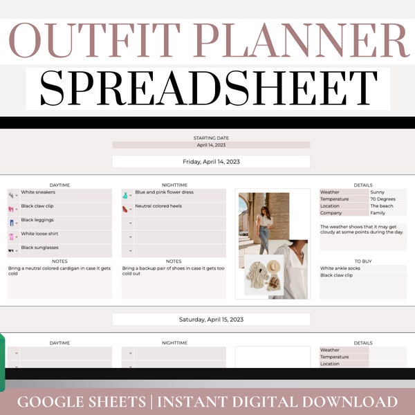 Google Sheets Outfit Planner For Travel, Digital Outfit Planning Template, Outfit Idea Planner, Vacation Outfit Plan, Outfit Tracker