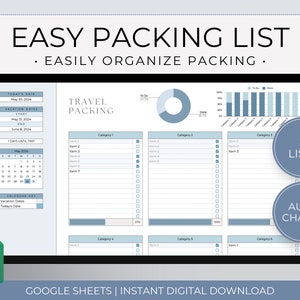 Google Sheets Packing List Template, Editable Packing List, Google Packing Checklist, Travel Packing List Template, Digital Packing List