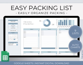 Plantilla de lista de empaque de Google Sheets, lista de empaque editable, lista de verificación de empaque de Google, plantilla de lista de empaque de viaje, lista de empaque digital