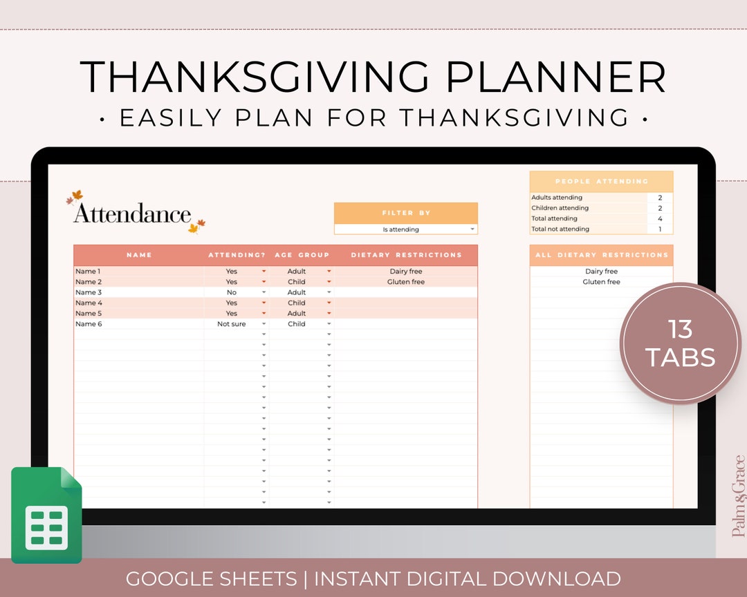 Thanksgiving Planner Spreadsheet, Thanksgiving Meal Planner Thanksgiving Planner Spreadsheet, Thanksgiving Meal Planner