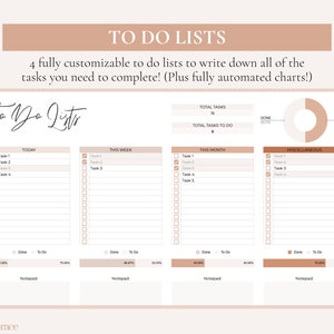 May include: A printable to-do list template with four sections: Today, This Week, This Month, and Miscellaneous. Each section has a checklist with 10 boxes and a space for notes. The template also includes a pie chart showing the percentage of tasks completed and remaining.