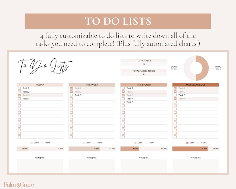 May include: A printable to-do list template with four sections: Today, This Week, This Month, and Miscellaneous. Each section has a checklist with 10 boxes and a space for notes. The template also includes a pie chart showing the percentage of tasks completed and remaining.