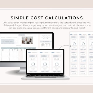 May include: A computer screen displaying a spreadsheet with the title "Recipe Cost Calculator". The spreadsheet has columns for ingredients, quantities, unit price, total price, and cost per unit. There is also a section for "Price Comparison" with charts and graphs.