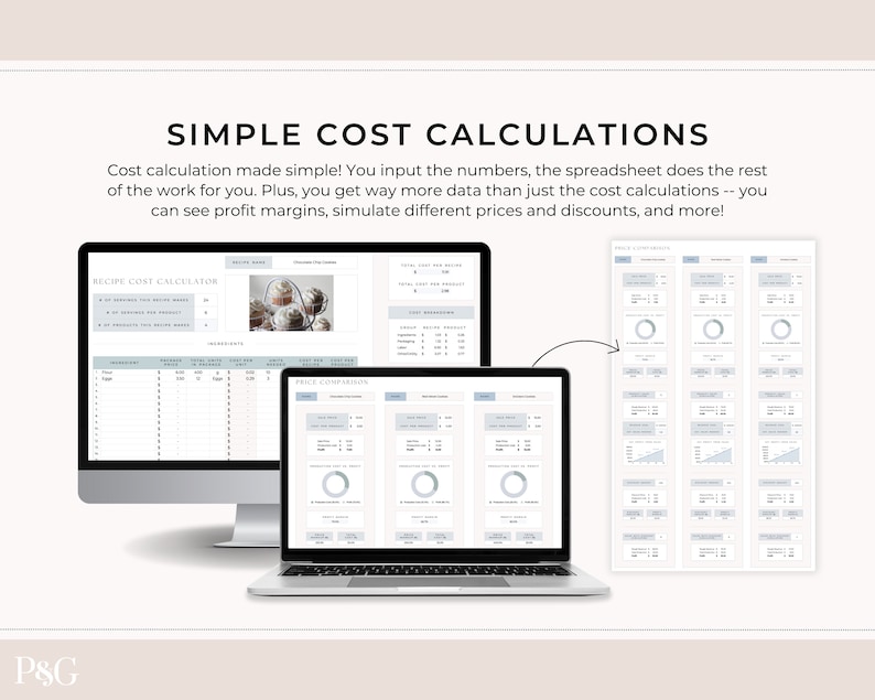 May include: A computer screen displaying a spreadsheet with the title "Recipe Cost Calculator". The spreadsheet has columns for ingredients, quantities, unit price, total price, and cost per unit. There is also a section for "Price Comparison" with charts and graphs.
