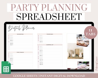 Digitale feestplanner spreadsheet, Google Spreadsheets verjaardagsfeestje plannersjabloon, feestplanningssjabloon en checklist, takenlijst feest