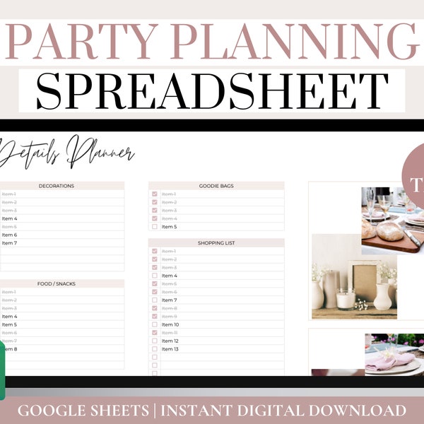 Digital Party Planner Spreadsheet, Google Sheets Birthday Party Planner Template, Party Planning Template and Checklist, Party To Do List