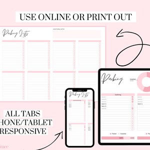 May include: A digital printable packing list template with the text "Packing List" and "Use Online or Print Out". The template is shown on a phone and tablet screen, demonstrating its responsiveness.
