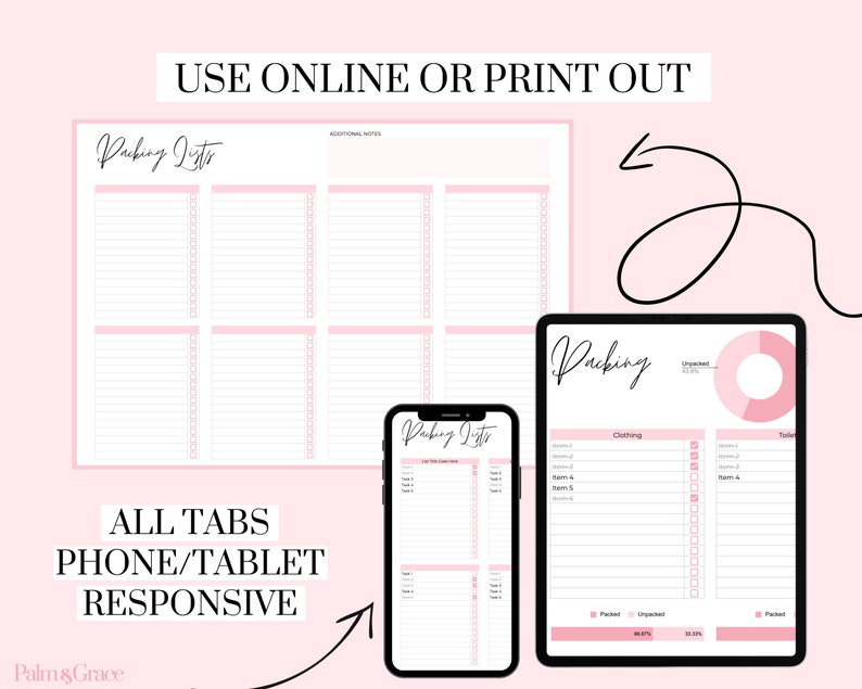 May include: A digital printable packing list template with the text "Packing List" and "Use Online or Print Out". The template is shown on a phone and tablet screen, demonstrating its responsiveness.