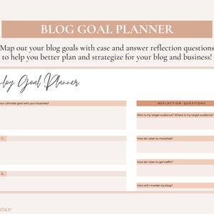 May include: A printable blog goal planner with a beige background and black text. The planner includes sections for outlining your ultimate goal, steps to achieve it, and reflection questions to help you strategize.