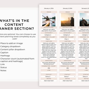 May include: A content planner template with a checklist of features, including a place to add an image, category dropdown, content pillar dropdown, caption, hashtags, character count, link, status, and notes. The template also includes three example content planning sections with images, descriptions, categories, content pillars, captions, hashtags, character counts, links, and status.
