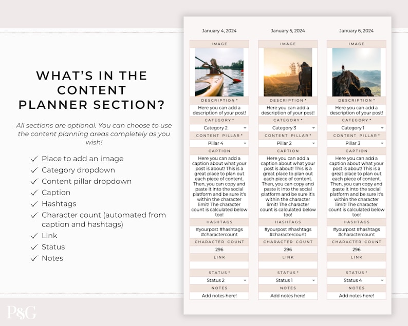 May include: A content planner template with a checklist of features, including a place to add an image, category dropdown, content pillar dropdown, caption, hashtags, character count, link, status, and notes. The template also includes three example content planning sections with images, descriptions, categories, content pillars, captions, hashtags, character counts, links, and status.