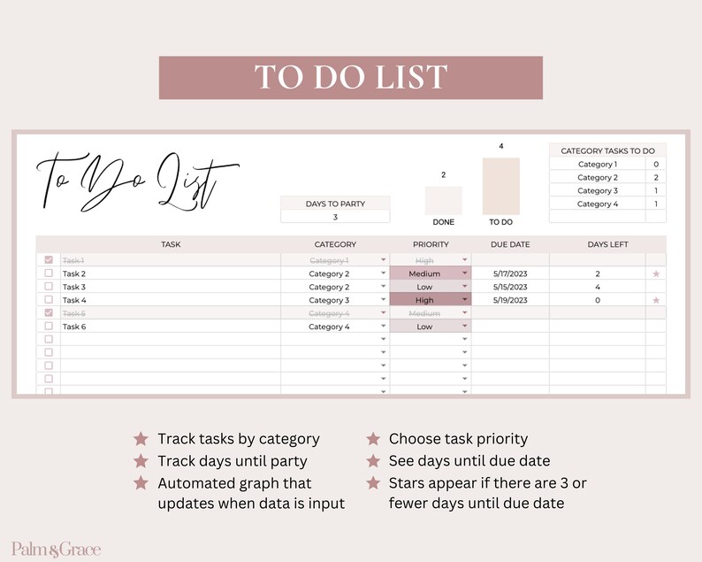 May include: A printable to-do list with a pink and white color scheme. The list includes sections for task, category, priority, due date, and days left. The list also includes a section for tracking tasks by category and a section for choosing task priority. The list is designed to help users stay organized and on track with their tasks.