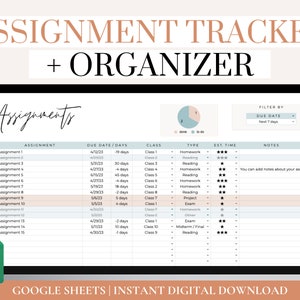 Assignment Tracker Spreadsheet, Google Sheets Assignment Tracker, Homework Tracker and Planner, College Assignment Planner, Assignment Log