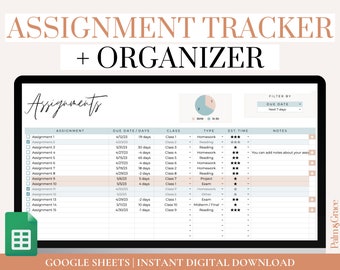 Toewijzingstracker-spreadsheet, Google Spreadsheets-toewijzingstracker, huiswerktracker en planner, college-toewijzingsplanner, toewijzingslogboek
