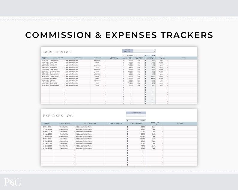 May include: A black and white printable spreadsheet with the title "Commission & Expenses Trackers". The spreadsheet is divided into two sections: "Commission Log" and "Expenses Log". Each section has columns for date, client, description, store/receipt, amount, payment type, and notes.