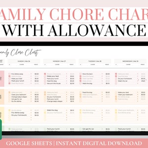 Google Spreadsheets Family Chore Chart Template, Toelage Tracker, Digitaal kluslogboek, Toelage Karwei Grafiek voor kinderen, Wekelijkse klusspreadsheet