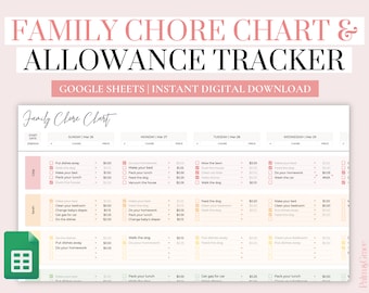 Google Sheets Family Chore Chart Template, Allowance Tracker, Digital Chore Log, Allowance Chore Chart For Kids, Weekly Chore Spreadsheet