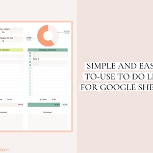 May include: A digital to-do list template for Google Sheets. The design features a light pink and white color scheme with sections for tasks, progress tracking, and the text "SIMPLE AND EASY-TO-USE TO DO LIST FOR GOOGLE SHEETS."