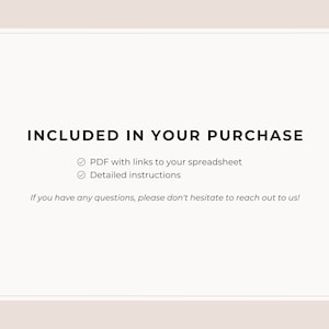 K&ouml;nnte beinhalten: Ein wei&szlig;er Hintergrund mit schwarzem Text, der "INCLUDED IN YOUR PURCHASE" lautet, mit H&auml;kchen neben "PDF with links to your spreadsheet" und "Detailed instructions". Der Text "If you have any questions, please don't hesitate to reach out to us!" befindet sich unter der Liste. Am unteren Rand des Bildes befindet sich ein schwarz-wei&szlig;es Logo mit der Aufschrift "P&G".