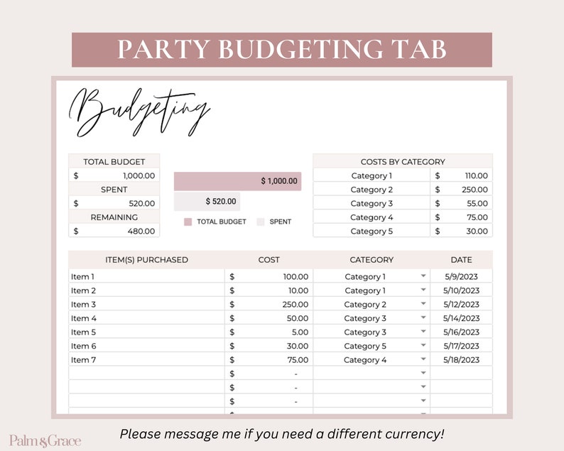 May include: A printable party budgeting worksheet with sections for total budget, spent, remaining, items purchased, cost, category, and date. The worksheet includes a total budget of $1,000.00 and a total spent of $520.00.