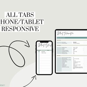 Op de afbeelding: Een digitale planner voor plantenliefhebbers, met tabbladen voor responsiviteit op telefoon en tablet. De planner bevat secties voor planteninformatie, plantenzorg en notities. De tekst op het scherm luidt "Plant Wish".