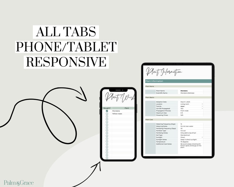Op de afbeelding: Een digitale planner voor plantenliefhebbers, met tabbladen voor responsiviteit op telefoon en tablet. De planner bevat secties voor planteninformatie, plantenzorg en notities. De tekst op het scherm luidt "Plant Wish".