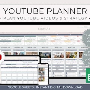 Puede incluir: Un planificador digital de YouTube que se muestra en una tableta, un teléfono y una pantalla de ordenador. El planificador incluye secciones para la planificación de vídeos, miniaturas y descripciones. El texto dice "YouTube Planner" y "Planificar vídeos y estrategia de YouTube."