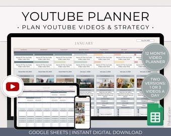YouTube Planner Spreadsheet Template, Digital YouTube Content Planner Google Sheets, YouTube Video Planner And Content Calendar Spreadsheet