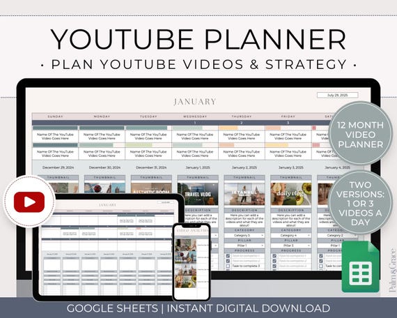 YouTube Planner Spreadsheet Template, Digital YouTube Content Planner Google Sheets, YouTube Video Planner And Content Calendar Spreadsheet