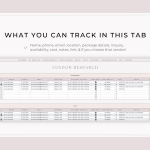 May include: A screenshot of a webpage with the text "WHAT YOU CAN TRACK IN THIS TAB" and a list of tracking details. The webpage includes a vendor research table with columns for name, phone, email, location, and cost.