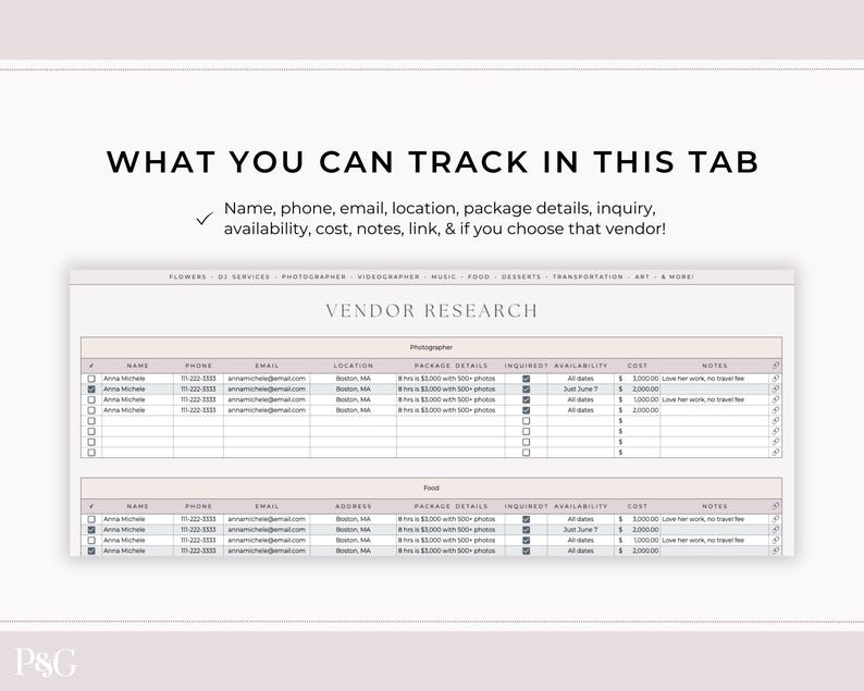 May include: A screenshot of a webpage with the text "WHAT YOU CAN TRACK IN THIS TAB" and a list of tracking details. The webpage includes a vendor research table with columns for name, phone, email, location, and cost.