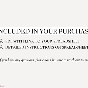 Pu&ograve; includere: Un elenco di controllo con due voci: PDF con collegamento al tuo foglio di calcolo e istruzioni dettagliate sul foglio di calcolo. Il testo "INCLUDED IN YOUR PURCHASE" &egrave; in cima all'elenco di controllo. Il testo "If you have any questions, please don't hesitate to reach out to me!" &egrave; sotto l'elenco di controllo. Il testo "Palm & Grace" &egrave; in fondo all'immagine.