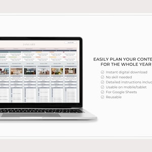 May include: A laptop displaying a content planning calendar for January. The screen shows a grid layout with sections for each day, featuring text and image placeholders. Text on the right side reads: "EASILY PLAN YOUR CONTENT FOR THE WHOLE YEAR."