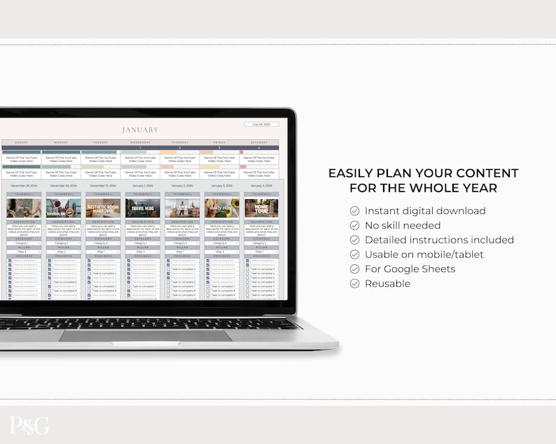 May include: A laptop displaying a content planning calendar for January. The screen shows a grid layout with sections for each day, featuring text and image placeholders. Text on the right side reads: "EASILY PLAN YOUR CONTENT FOR THE WHOLE YEAR."