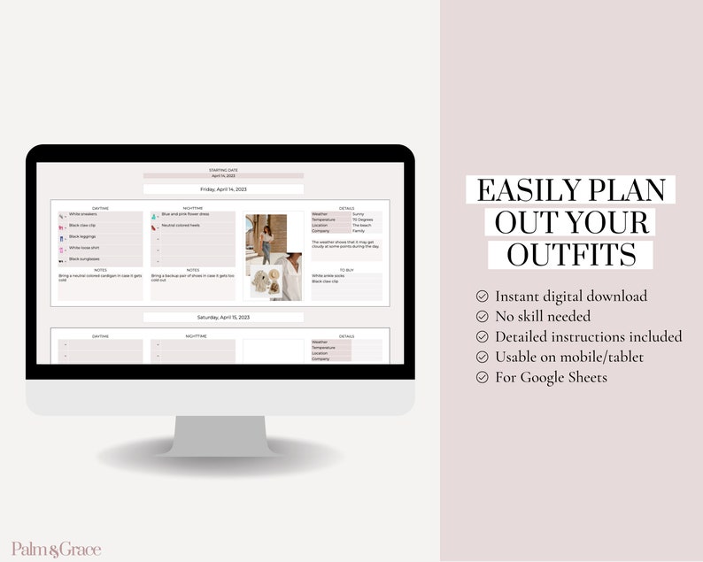 Pu&ograve; includere: Un planner digitale per pianificare gli outfit per la settimana. Il planner &egrave; visualizzato sullo schermo di un computer e include sezioni per abbigliamento, accessori, meteo e note. Il testo "EASILY PLAN OUT YOUR OUTFITS" &egrave; visualizzato sul lato destro dell'immagine.