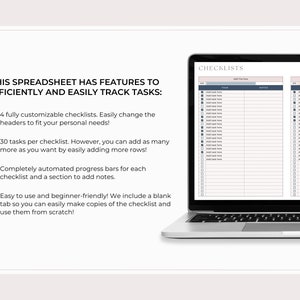 May include: A laptop computer screen displaying a checklist spreadsheet with the text "This spreadsheet has features to efficiently and easily track tasks." The checklist has four sections with checkmarks and descriptions of the features. The text "CHECKLISTS" is at the top of the screen.