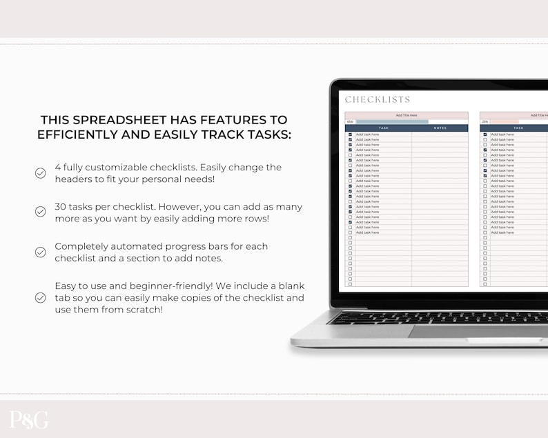 May include: A laptop computer screen displaying a checklist spreadsheet with the text "This spreadsheet has features to efficiently and easily track tasks." The checklist has four sections with checkmarks and descriptions of the features. The text "CHECKLISTS" is at the top of the screen.